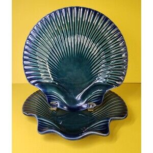 Pair Of Olfaire Portugal Majolica Shell Plates Bowls Clam 10" 9401 Iridescent
